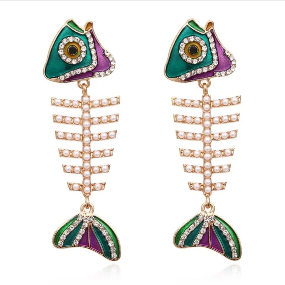 Rhinestone Pearl Fish Bone Earrings